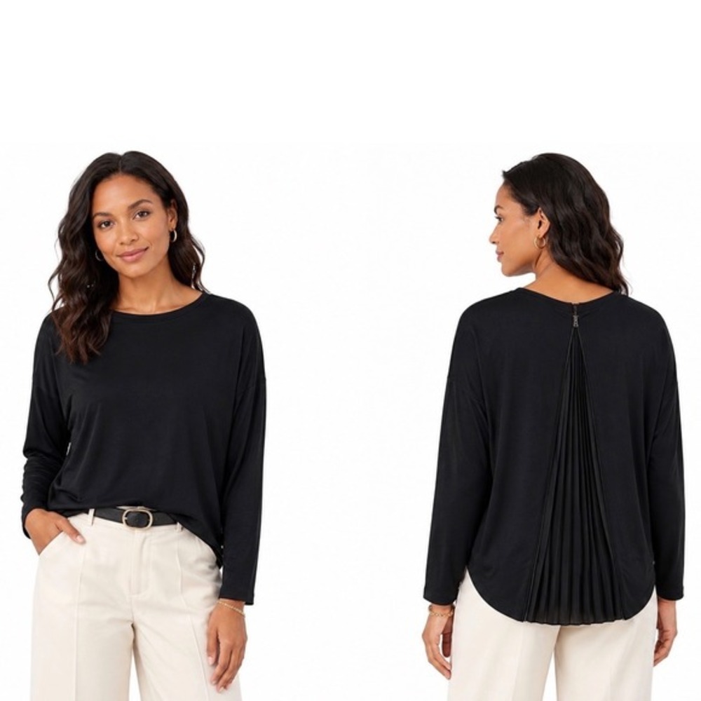 Ann Taylor Black Long Sleeve Pleated‎ Zipper Back Top MP Preppy Chic Goth 68-16